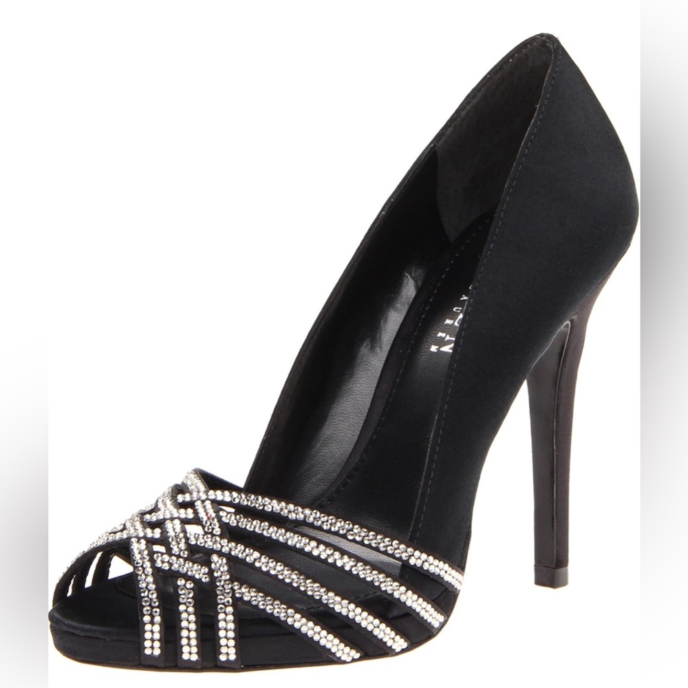 Lauren Ralph Lauren BALINA Satin Jewel Peep Toe Slip-On Pump Heel Black 7.5 B